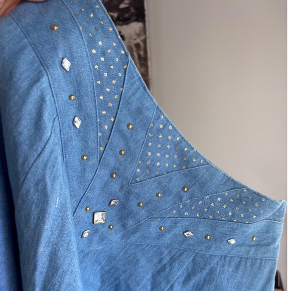 Vintage City Girl Nancy Bolen Long Denim Skirt Size 14 Rhinestone Western Boho - Picture 7 of 9
